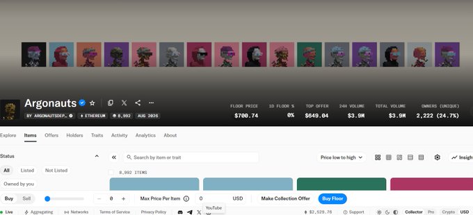 An NFT marketplace listing for the 'Argonauts' collection on Ethereum, showing 8,992 items, a floor price of 0.1 ETH ($700.74), and total volume of $3.9M.