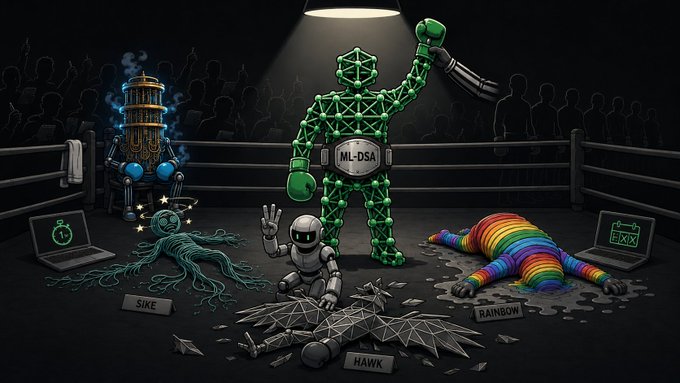 A victorious green geodesic fighter labeled "ML-DSA" stands triumphant in a boxing ring under a spotlight, surrounded by the fallen bodies of defeated post-quantum cryptography competitors — including "SIKE" (shown as a deflated octopus), "HAWK" (a shattered robot), and "RAINBOW" (a knocked-out rainbow figure) — while other broken challengers like an atomic-clock laptop and "GMSS" laptop lie in the ring's corner, symbolizing how ML-DSA emerged as a survivor from NIST's 82-scheme post-quantum competition.