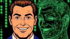 Stylized illustration showing a smiling man in a suit beside a green wireframe face, with green binary code in the background.