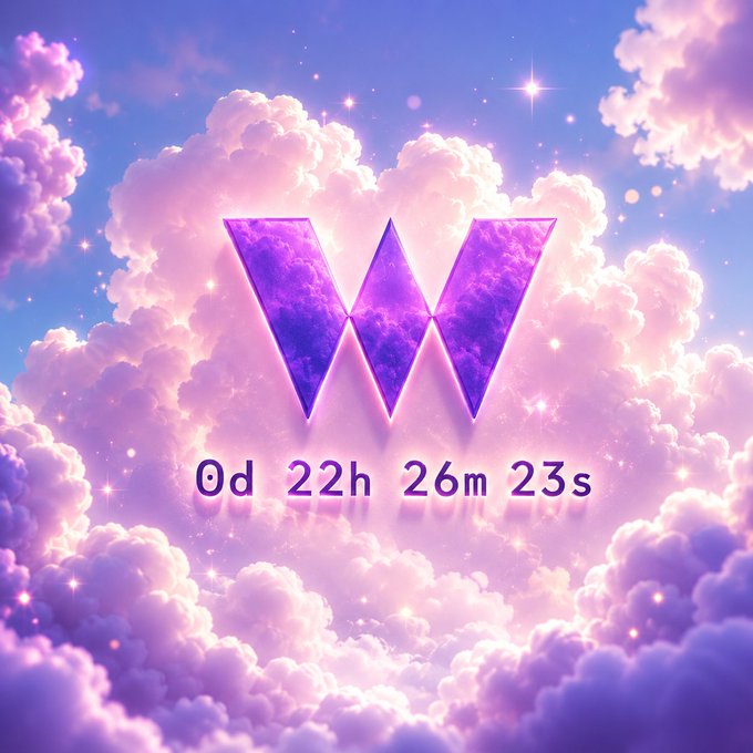 A dreamy graphic displays a glowing purple 'W' logo with the countdown text '0d 22h 26m 23s' set against a background of pink clouds.
