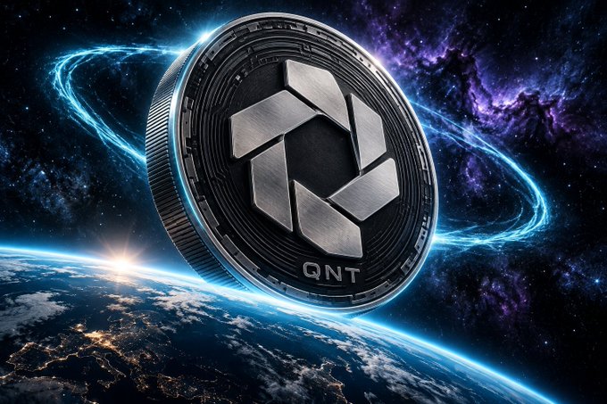 Dramatic 3D rendering of a large silver QNT (Quant) cryptocurrency coin floating above Earth with a glowing blue energy ring, set against a purple cosmic nebula and starry space background.