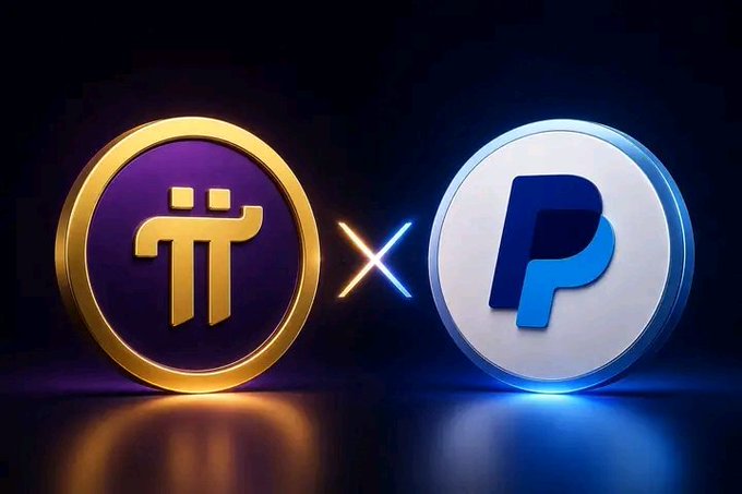 Two stylized 3D coin logos face off against a dark background—the purple Pi Network emblem on the left and the blue and white PayPal "P" emblem on the right—separated by a glowing "X," visually framing the post's comparison between the emerging cryptocurrency and the established payments giant.