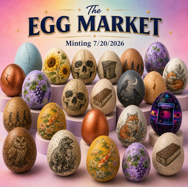 "The Egg Market" NFT collection of 1001 unique eggs features various artistic designs including skulls, flowers, owls, foxes, dinosaurs, coffins, and a retro arcade machine, with minting set for 7/20/2026 at .003665 ETH ($6.85) on OpenSea.