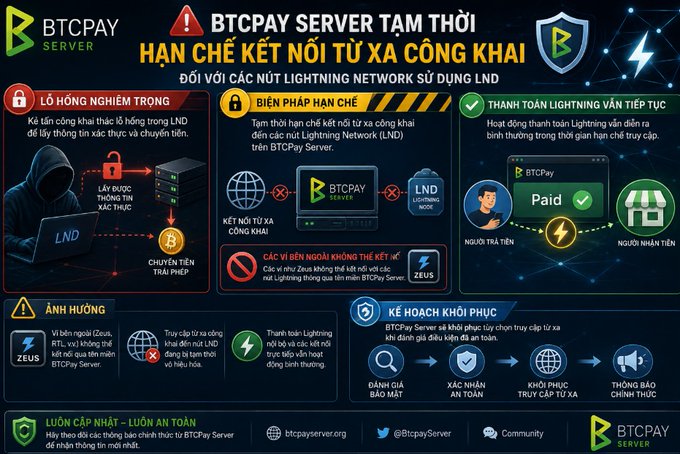 An infographic from BTCPay Server announcing a temporary restriction on public remote connections to Lightning Network nodes using LND due to a critical vulnerability that attackers exploited to steal authentication credentials and funds. The infographic outlines mitigation steps, impact on ZEUS users, and a recovery plan, advising users to disable public remote access while the issue is addressed.