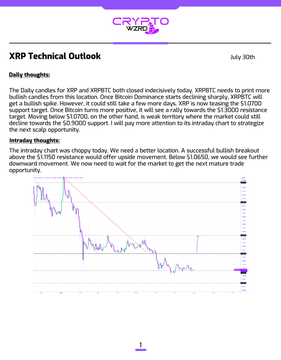 A 'Crypto Crowd' XRP Technical Outlook dated July 30th features a bearish analysis, discussing a bearish 1D chart with downward momentum and resistance at the $1.9000 level.