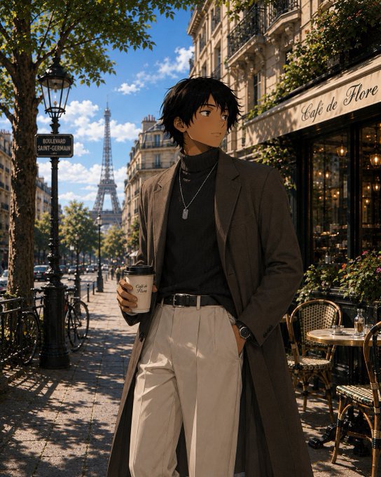 An anime-style illustration of a dark-haired man holding a coffee cup in front of Café de Flore with the Eiffel Tower in the background.