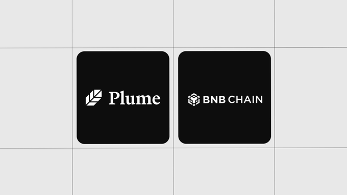 Two black square tiles displaying the 'Plume' logo and 'BNB CHAIN' logo side by side on a grid background.