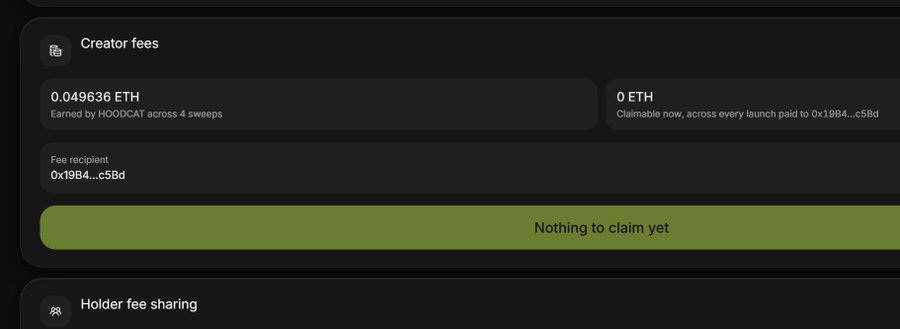 A digital dashboard showing 'Creator fees' with 0.049636 ETH earned by HOODCAT across 4 sweeps, and 0 ETH claimable, with the message 'Nothing to claim yet'.