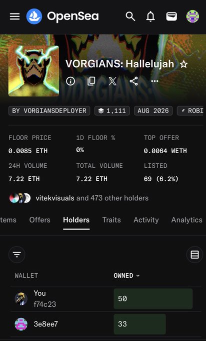 A screenshot of an OpenSea NFT collection page for "VORGIANS: Hallelujah" showing a floor price of 0.0085 ETH and holder information.