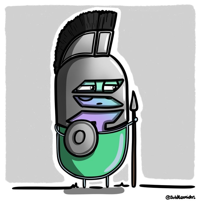 A cartoon capsule character styled as a Roman soldier, complete with a plumed helmet, shield, and spear, stands in armor; the watermark "@GoldLeonidas" appears in the bottom right. The playful depiction ties into the "SOLdier" caption by portraying a Solana-branded capsule as a warrior defending the blockchain.