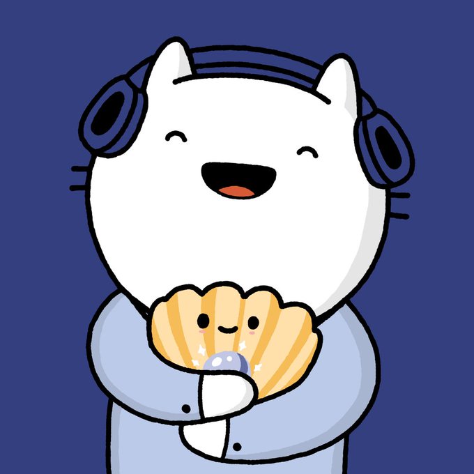 A cheerful white cartoon cat wearing blue headphones smiles while hugging a smaller scallop-shaped character with a happy face, perfectly embodying the joyful "Happy Meownday" celebration tribute to ChumChums.