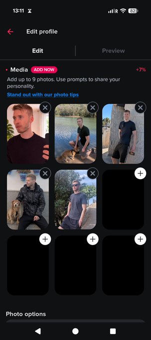 The image shows an open photo editing app with several photos displayed, including one of a man holding a dog. The app has a feature that allows users to add more photos or edit existing ones by dragging them into the editing area. The app also provides options for sharing these edited photos on social media platforms like Instagram and Facebook.