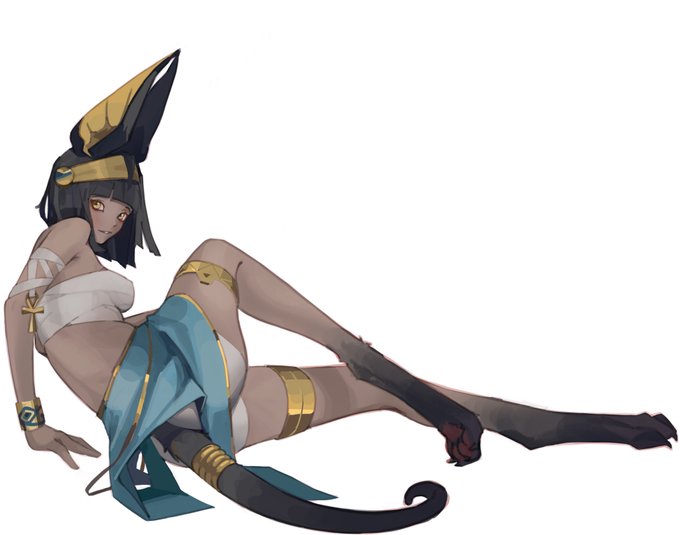 An anime-style illustration depicts a character with dark skin, long black hair, and pointed black ears wearing an Egyptian-inspired outfit with a white top and blue wrap, posed in a reclining position. She also has a black tail, connecting her appearance to the post's reference to Anubis, the ancient Egyptian god with jackal-like features.