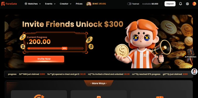 A screenshot of a website header for "ForeGate" showing an "Invite Friends Unlock $300" promotion with a 26% progress bar and a 3D cartoon character holding a coin.