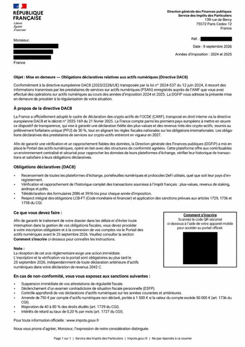 An official French government document from the 'République Française' (Direction générale des Finances publiques) dated September 9, 2026, regarding 'Obligations déclaratives relatives aux actifs numériques (Directive DAC8)' with sender details redacted.