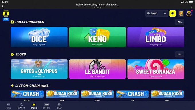 A screenshot of the Rolly Casino Lobby website displays categories including "ROLLY ORIGINALS" with games like Dice, Keno (3x), and Limbo (10x), along with "SLOTS" featuring Gates of Olympus, Le Bandit, and Sweet Bonanza, plus a "LIVE ON-CHAIN WINS" section showing recent payouts like $12.63 and $8.4. The "$0.00" balance indicator visible at the top aligns with the post's emphasis on transparent, on-chain verifiable betting and zero-trust casino mechanics.