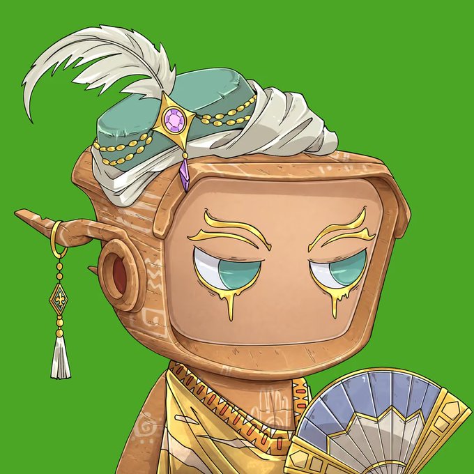 An illustration of a wooden, box-like character with a sleepy expression, wearing a jeweled turban with a feather, holding a decorative fan against a green background.