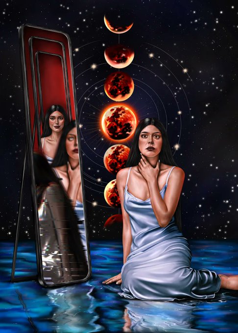A surreal digital artwork depicts a woman in a white satin dress sitting on a blue watery surface next to a tall mirror, with a vertical alignment of blood-red moon phases positioned in the starry background.