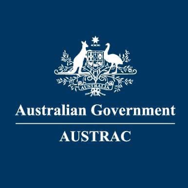 The Australian Government AUSTRAC logo in white on a dark navy blue background, featuring the kangaroo and emu coat of arms.