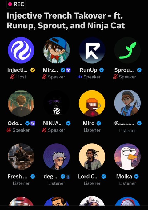 Discord/voice chat screenshot titled 'Injective Trench Takeover - ft. Runup, Sprout, and Ninja Cat' showing speakers including Mirzo, RunUp, Sprout, Odo, and NINJA CAT, with listeners Miro, Rawan, Fresh, deg, Lord C, and Molka.