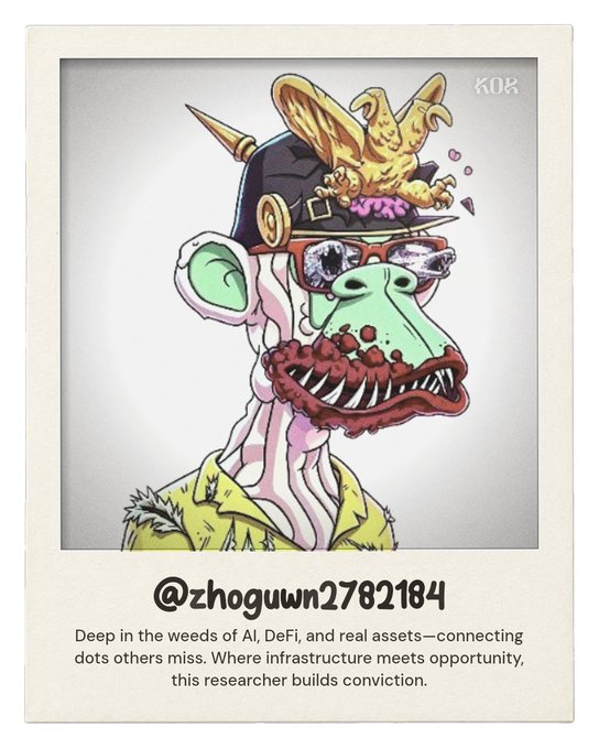 A digital illustration/Polaroid-style NFT image of a grotesque, monstrous monkey-like character wearing a spiked helmet, with text '@zhoguwn2782184' and a caption about AI, DeFi, and infrastructure.