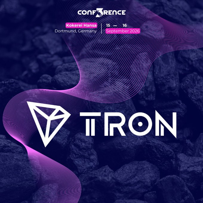 The image is a promotional graphic for the conf3rence conference at Kokerei Hansa in Dortmund, Germany on September 15-16, 2026, prominently featuring the TRON cryptocurrency logo with its signature diamond emblem against a purple and dark rocky background, aligning with the post's announcement about TRON's presence at the event.