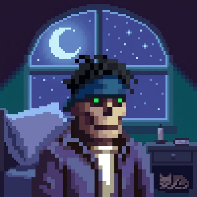Pixel art of a person with green eyes and a blue cap sitting by a window with a crescent moon and a sleeping cat in the room.