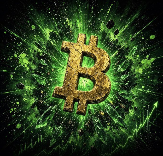 A weathered golden Bitcoin (₿) symbol bursts forward against an explosive green background filled with paint splatters and a rising chart line, perfectly capturing the triumphant energy of the post's message about a crypto portfolio flashing green across the board.