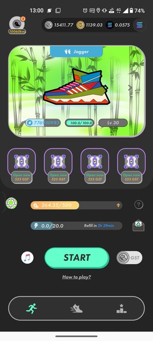 A mobile app interface for 'Jogger' stepN game showing a shoe NFT, stats like 776/1000 GST, 264.15/500 energy, and a 'START' button, with the time 13:00 and 74% battery.