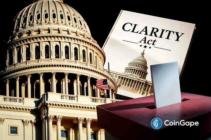 The image shows the U.S. Capitol dome alongside a ballot labeled "CLARITY Act" being cast into a ballot box, with the CoinGape logo visible. This visual metaphor illustrates the post's news that the CLARITY Act failed to secure the 60 Senate votes needed to advance, symbolizing the legislative setback for the U.S. crypto market structure bill.