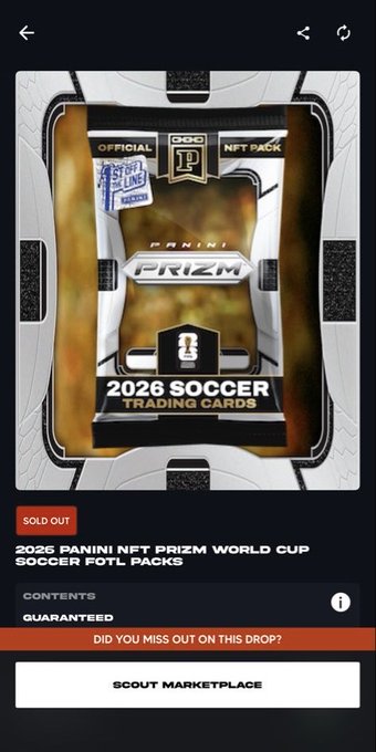 The image shows an advertisement for Panini NFT World Cup soccer trading cards that are sold out. The text indicates that these cards were recently purchased by someone, but they have been missed by the buyer. This could be due to a limited number of packs being available or the timing of the purchase not aligning with the seller's availability. The post also mentions that there is a raffle queue for these trading cards and suggests that this might be an opportunity to win one of the 14K packs sold out.