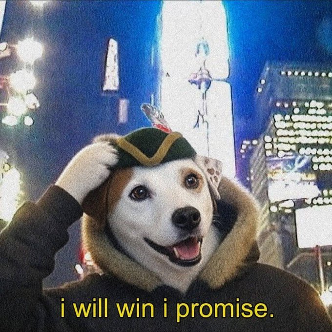 A humorous edited image shows a Shiba Inu dog wearing a green and gold Robin Hood-style hat, set against a nighttime cityscape with the caption 'i will win i promise.'