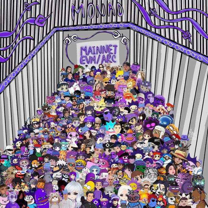 A digital illustration features a large crowd of anime-style characters and avatars in purple tones gathered beneath a banner reading 'MONAD MAINNET EVM/ARC'.