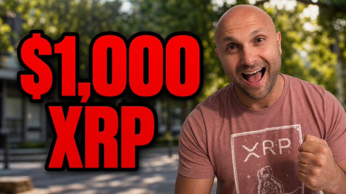 A bald man wearing a maroon XRP t-shirt celebrates excitedly next to bold red text reading '$1,000 XRP', suggesting a crypto price milestone.