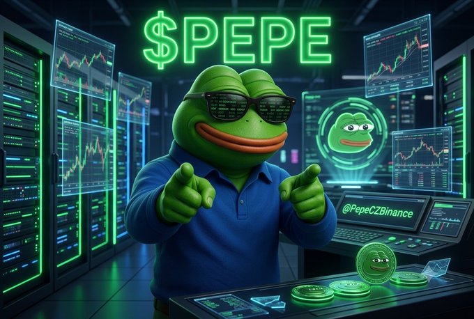A digital illustration of a Pepe the Frog character wearing sunglasses and a blue shirt pointing at the viewer, with a neon '$PEPE' sign and cryptocurrency trading screens in the background, along with the text '@PepeCZBinance'.