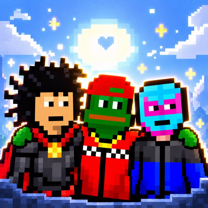 Three pixel-art characters stand together under a bright sky with a pixelated heart in the sun, featuring a human with spiky black hair, a green-skinned figure with a red cap and checkerboard scarf, and a blue masked figure.