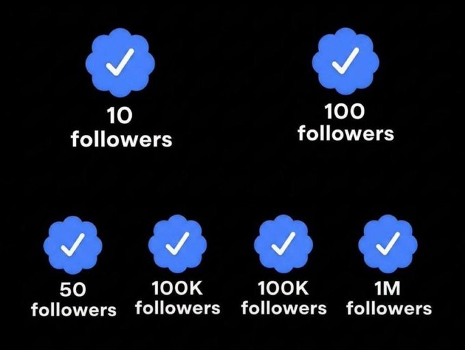 A graphic showing social media follower milestone badges: '10 followers', '100 followers', '50 followers', '100K followers', '100K followers', and '1M followers', each marked with a blue scalloped checkmark.