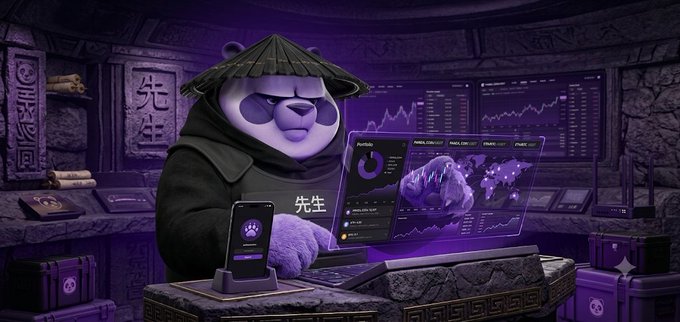 A cartoon panda wearing a conical hat and a robe with the Chinese text '先生' (Mr.) sits at a desk using a holographic display showing financial charts, with a smartphone nearby in a dark, temple-like setting.