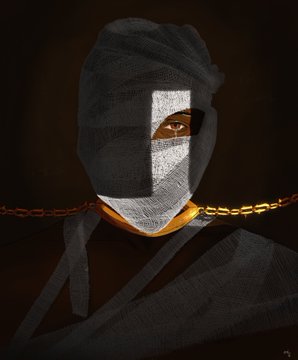 The image features a person wearing a white cloth wrapped around their face, with a gold chain around their neck. The background of the image is dark, which contrasts with the lighter elements in the foreground. There are also some text elements present in the image that read "Another auction is up! In this artwork I captured the deceptive nature of temptation and making decisions without first thinking about the consequences Minimum bid: 300XTZ Link below". The person's face is partially obscured by a white cloth, adding to the mysterious atmosphere of the scene.