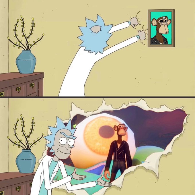 A two-panel cartoon from Rick and Morty showing Rick punching through a wall to reveal an alternate dimension where a monkey is holding a portal gun instead of Rick.