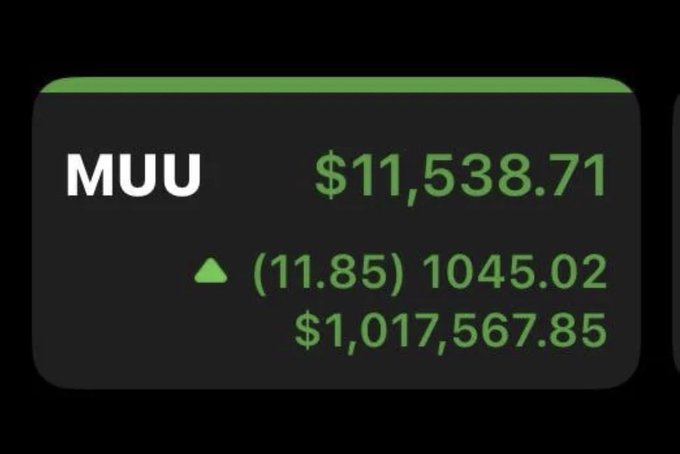The image shows a black background with green text that reads "MFU U". Below, there are three numbers: $11.38, $1.85, and $1.86 respectively. These numbers suggest that someone has been tracking their stock investments over time and is currently monitoring the value of MFU U. They were initially invested in it a month ago at $380k and have since sold most of it for $4m, with only $11,857.87 remaining. The post seems to be focused on the performance and success of this particular stock investment.