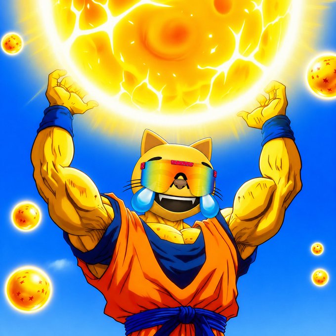 An anime-style illustration of a muscular cat character wearing sunglasses and an orange martial arts gi, holding up a glowing yellow Dragon Ball with stars.