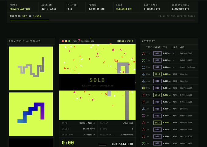 Screenshot of the riggle_auction.app interface showing 'RIGGLE #548' sold for 0.0134 ETH at auction 327 of 1,556 with 21.0% of the track complete.