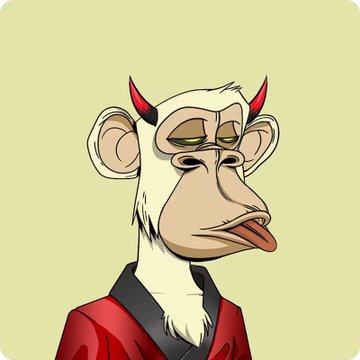 A cartoon illustration of a monkey or ape character with devil horns, droopy eyes, and its tongue sticking out, wearing a red robe against a beige background.