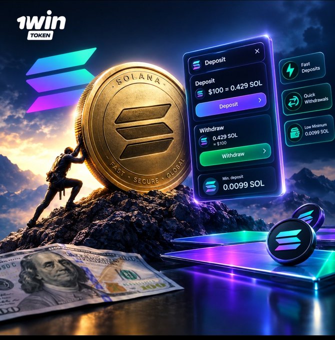 A promotional graphic for 1win Token features a hiker pushing a massive Solana ($SOL) coin up a mountain, alongside an interface showing deposit/withdrawal rates ($100 = 0.429 SOL) and highlights like "Fast Deposits," "Quick Withdrawals," and a "Low Minimum 0.0099 SOL." A hundred-dollar bill and 1win Token coins reinforce the platform's seamless crypto payment experience, mirroring the post's praise for Solana-powered transactions.