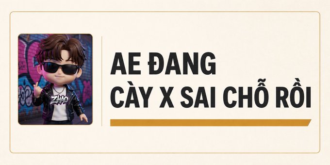 A chibi-style cartoon character with sunglasses and a black leather jacket giving a peace sign stands beside bold text reading "AE ĐANG CÀY X SAI CHỖ RỒI" (You're farming X in the wrong spot), illustrating a warning to grind X (Twitter) the right way rather than risking account trust with shady engagement tactics.