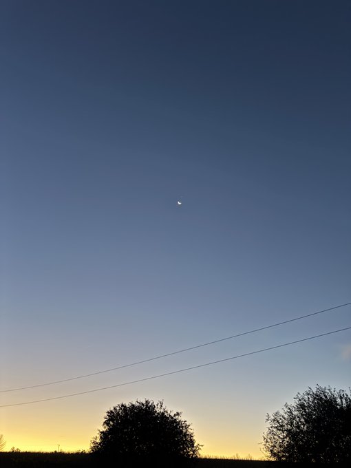 A twilight sky photograph showing a crescent moon, sunset gradient, silhouettes of trees, and power lines stretching across the horizon.