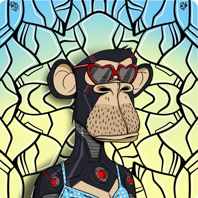 A cartoon illustration of a cyborg monkey wearing red heart-shaped sunglasses against a blue and green geometric background.