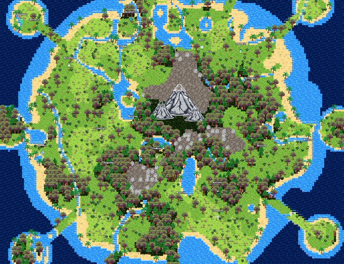 A top-down pixel art RPG-style world map featuring various terrains like forests, rivers, mountains, deserts, and coastal areas with marked locations.