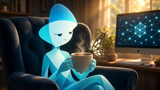 A digital illustration of a blue, crystal-like character sitting in a chair holding a steaming coffee mug with a butterfly resting on the cup.